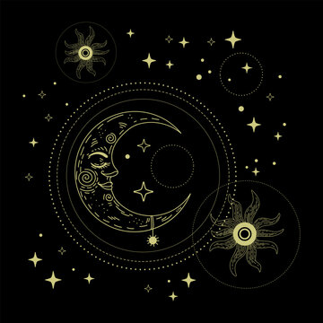 Crescent moon in the sky with stars linear hand drawing illustration