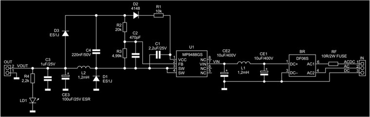 Technical schematic diagram of electronic device.
Vector drawing electrical circuit with 
coil, capacitor, resistor, integrated circuit,
diode, connector, other electronic components.