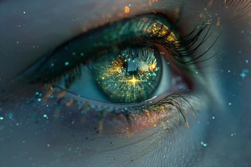Tuinposter eye iris with green iris, reflection of nature, sters, sparkles, futuristic artwork, macro © zgurski1980