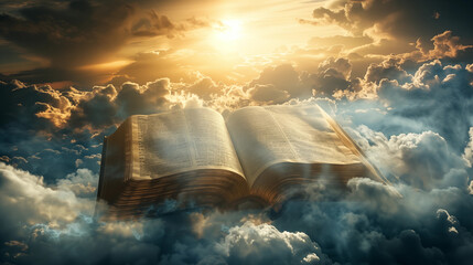 Epic scene with bible surrounded by clouds in the sky