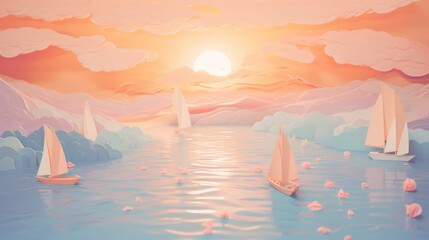 Paper cut sailboats regatta at dawn pastel sea paper cut paper art minimal cute