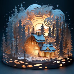 Paper cut winter cabin minimalist snowflakes cozy evening lights