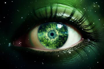 Gordijnen eye iris with a reflection of nature, trees and sky, futuristic artwork, macro, close up, green, environmental protection © zgurski1980