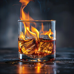 Glass with blazing whiskey on a dark rustic surface