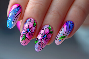 A hand with beautiful manicure, elegant violet flowers painted on nails