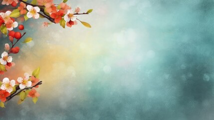 Twig with flowers and berries on a blue sky background, in a natural landscape. Copy space