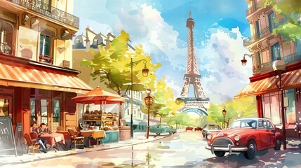 Parisian Charm: Vintage Car and Café with Eiffel Tower View