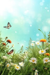 Butterfly pollinating daisies in a sunny natural landscape. Copy space