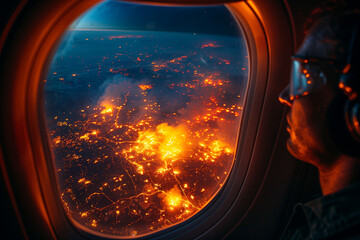 Dramatic aerial view of a catastrophic wildfire from an airplane window, witnessed by a passenger