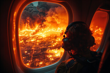 Dramatic aerial view of a catastrophic wildfire from an airplane window, witnessed by a passenger - obrazy, fototapety, plakaty