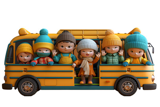 A 3D animated cartoon render of a group of happy children waving from inside a school bus.