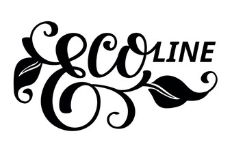 Eco line black lettering design with leaves. Vector illustration