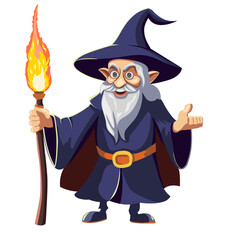 Gray-haired wizard in a blue cloak, hat and with a burning staff isolated on a white background. - 764368599