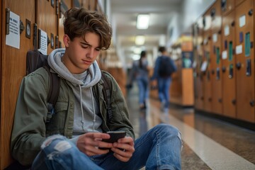 Teenager sitting on school hallway floor using smartphone concept of modern youth, communication and education