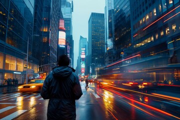 Man observing the busy New York street with light streaks from traffic at dusk concept of urban...