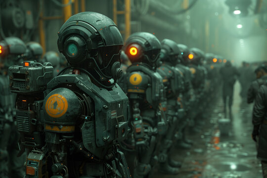 A line of advanced robots alongside a human figure, suggesting a compelling narrative of coexistence or conflict