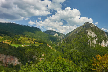 Fototapeta na wymiar Montenegro. Canyon and Tara river. Mountains and forests on the slopes of the mountains. Djurdjevica bridge over the river Tara in Montenegro, Europe.
