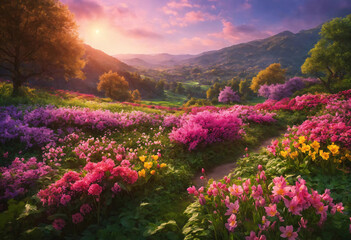 Beautiful evening colorful spring landscape with a blooming highlans valley