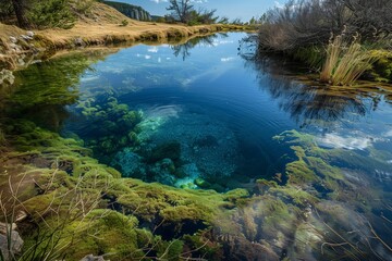 Naklejka na ściany i meble Crystal Clear Waters of a Natural Spring Surrounded by Conservation Land, lake in the forest