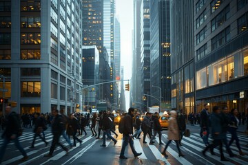 Busy New York street scene with pedestrians crossing, Concept of urban life, rush hour and modern...