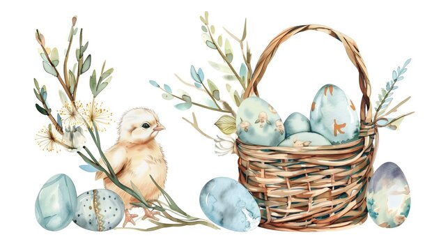 Watercolor vintage colorful handmade Easter eggs in wicker basket with chicken isolated on white background. For the design of postcards, posters, banners