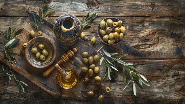 The image shows various items related to olives, such as olive oil in a ceramic bottle and glass,