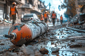 Suspected unexploded ordnance on a city street with emergency response team in the background