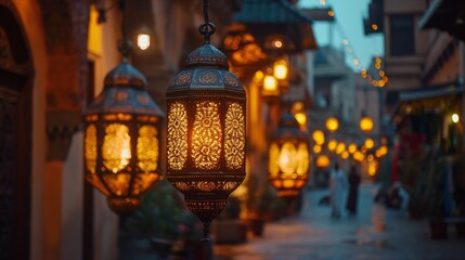 Illuminated traditional lanterns in old city street, evoking feelings of heritage and cultural...