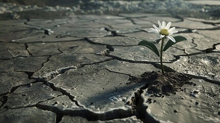 a wilted flower pushing through cracked pavement, depicting the strength and determination to thrive despite challenging circumstances