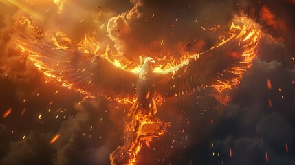 a phoenix rising from the ashes, embodying the idea of resilience and renewal after facing destruction - obrazy, fototapety, plakaty