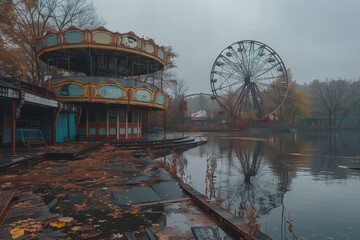 Desolate and haunting abandoned amusement park scenes, where nature reclaims the once vibrant and bustling leisure spots