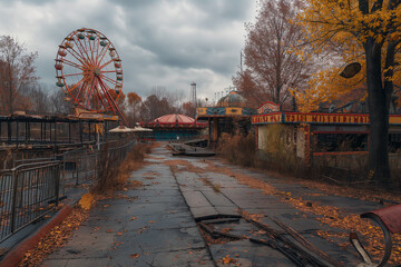 Desolate and haunting abandoned amusement park scenes, where nature reclaims the once vibrant and bustling leisure spots