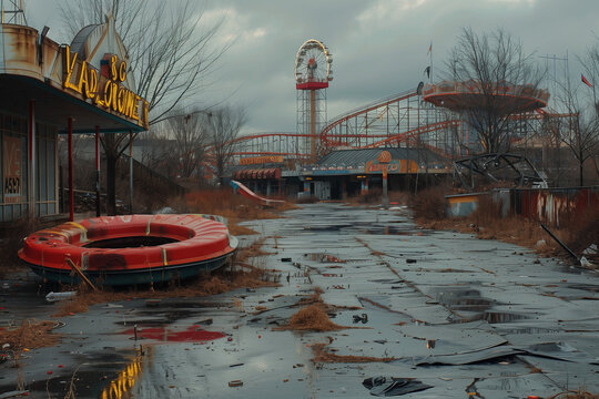 Desolate and haunting abandoned amusement park scenes, where nature reclaims the once vibrant and bustling leisure spots