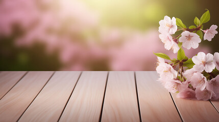 wooden tabletop display, spring blossoms backdrop for product showcase