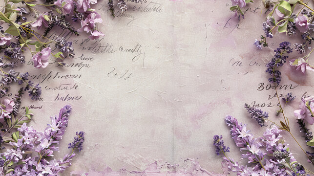 Pale pink paper texture with soft lavender blooms artfully arranged at the edges