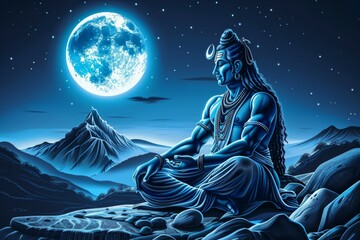 Fototapeta na wymiar A man in a blue robe sits on a rock in front of a large moon