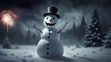 Fototapeta premium Sinister Snowman: Haunting New Year's Night