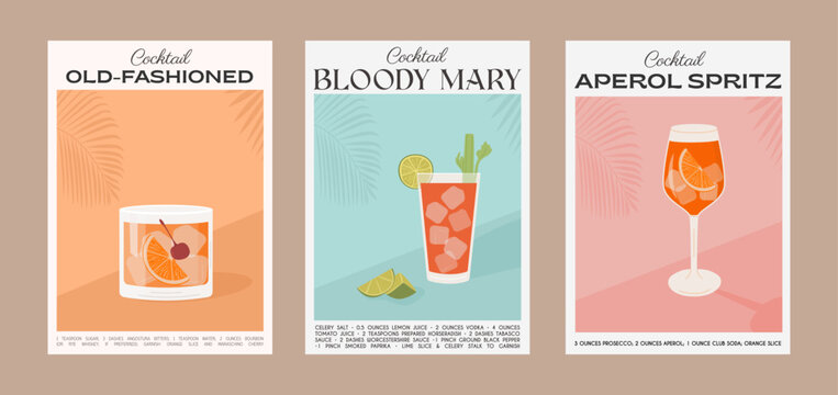 Old Fashioned, Aperol Spritz and Bloody Mary Classic Cocktail recipe with ingredients. Summer aperitif wall art. Garnish alcohol beverage graphic print. Minimalist vertical poster. Vector illustration