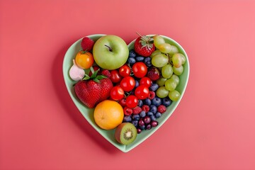 Heartshaped Plate With Fruits And Vegetables On Pink Background Top View. Concept Food Photography, Fruit and Vegetable Art, Top View Presentation, Pink Background, Heart-shaped Plate