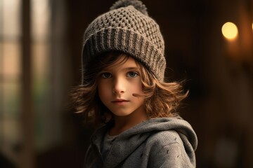 Portrait of a cute little girl in a knitted cap and sweater.