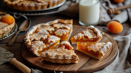 There are slices of pie topped with apricot jam and served with milk on a wooden plate.