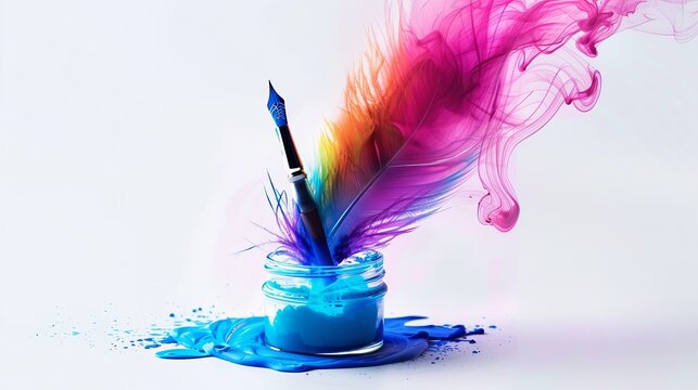 An abstract feather pen dipped in colorful ink, set in an ink pot. Isolated on a white background.