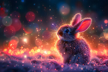 Rabbit sitting on dark night magic field with neon colorful lights. Fairy tail. Easter bunny. Creative holiday design for card, banner, poster with copy space - obrazy, fototapety, plakaty
