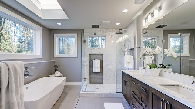 A spacious bathroom decorated in gray tones, equipped with heated floors, a freestanding tub, a walk-in shower, a double sink vanity, and skylights. Located in the northwest region of the USA.