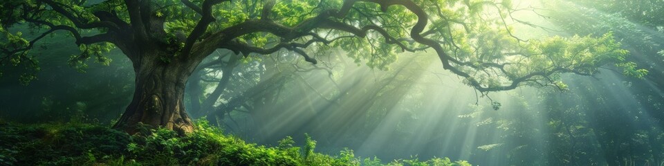 A tree with sunbeams shining through it in a forest, AI