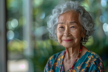 A woman with gray hair and a floral dress is smiling