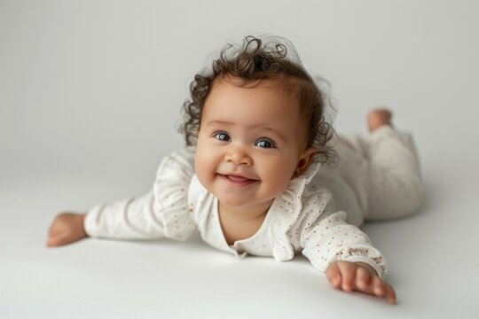A baby is laying on its back with its arms outstretched and a smile on its face