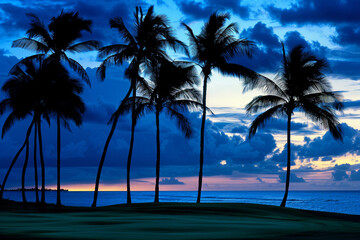 Fototapeta na wymiar Tropical Sunset with Wind-Swept Palms. Golf Course-Like Setting on the Water, Generative AI. 