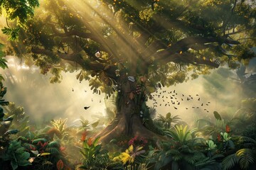 Majestic Biodiversity Tree Thriving at the Heart of a Pristine Rainforest its branches a living mosaic of diverse ecosystems, from vibrant birds to lush ferns and exotic flowers.