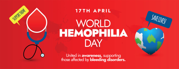 World Hemophilia day.17th April World Haemophilia day cover banner in red background with stethoscope, blood droop, earth globe in heart shape. Donate blood to patients with bleeding disorders. - obrazy, fototapety, plakaty